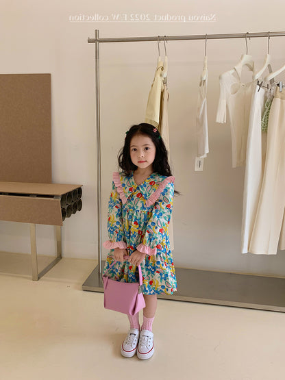 [507691] - Dress Kerah Lengan Panjang Anak Perempuan - Motif Fruit Flowers