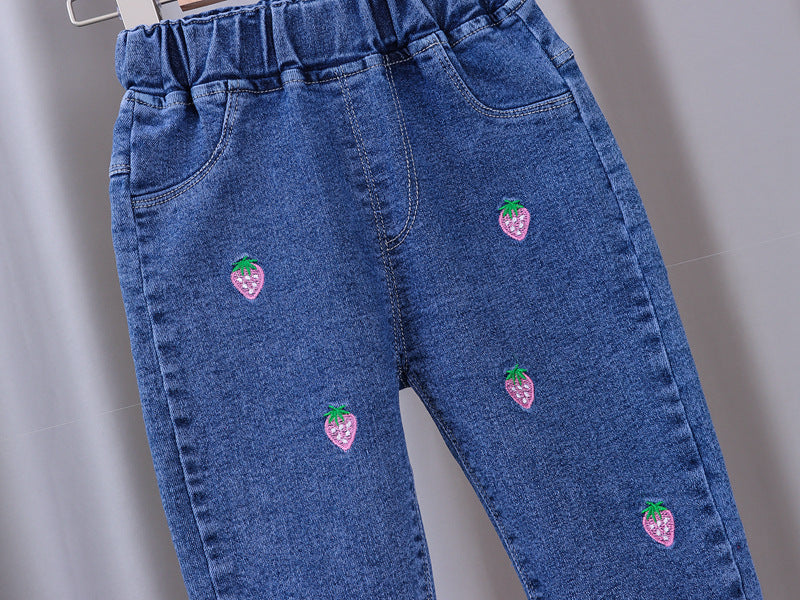 [102340] - Bawahan Jeans / Celana Panjang Anak Import - Motif Strawberry Bordir