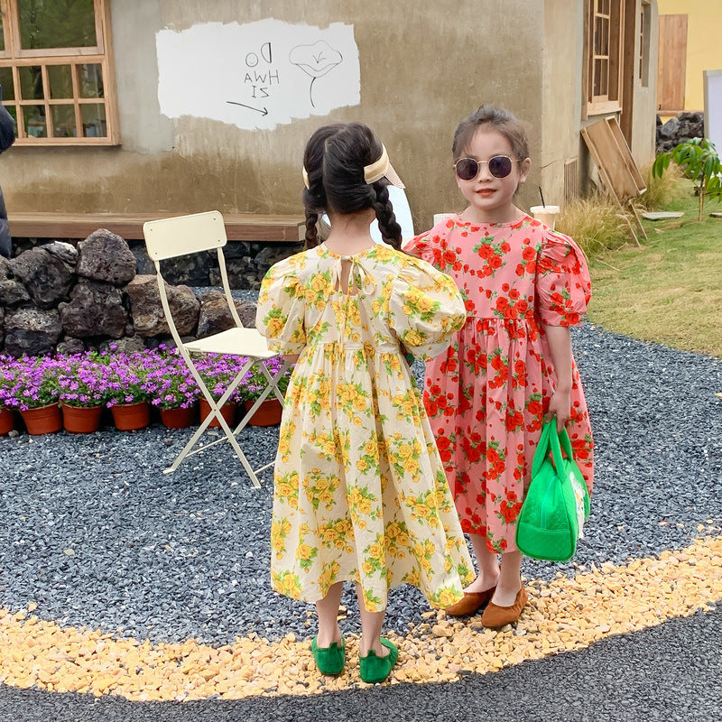 [507708] - Long Dress Lengan Pendek Anak Perempuan - Motif Flower Tie