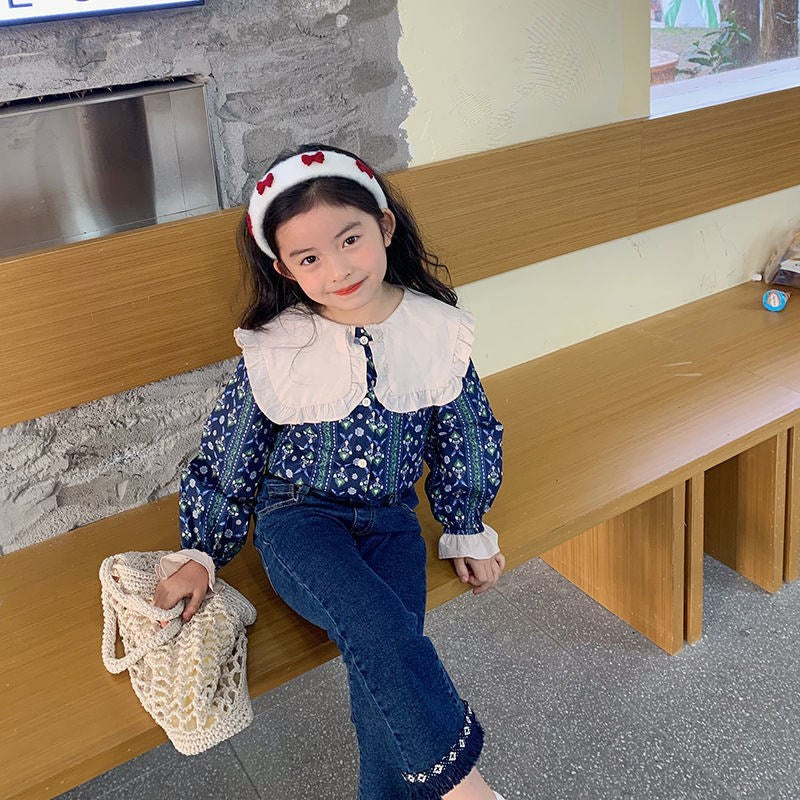 [363563] - Setelan Blouse Celana Jeans Cutbray Anak Perempuan - Motif Vertical Pattern