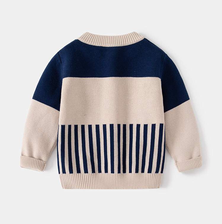 [513635] - Atasan Sweater Rajut Crewneck Bordir Anak Laki-Laki - Motif Strip Plain