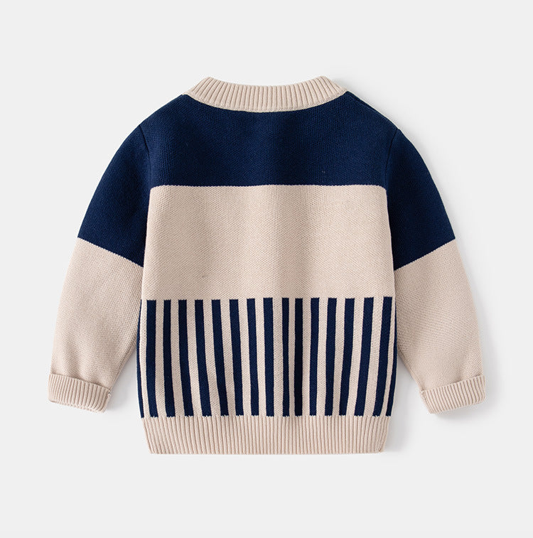 [513635] - Atasan Sweater Rajut Crewneck Bordir Import Anak Laki-Laki - Motif Strip Plain