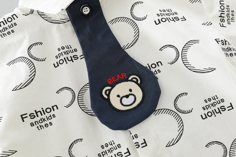 [345382] - Setelan Kemeja Celana Pendek Denim Anak Laki-Laki - Motif Little Bear