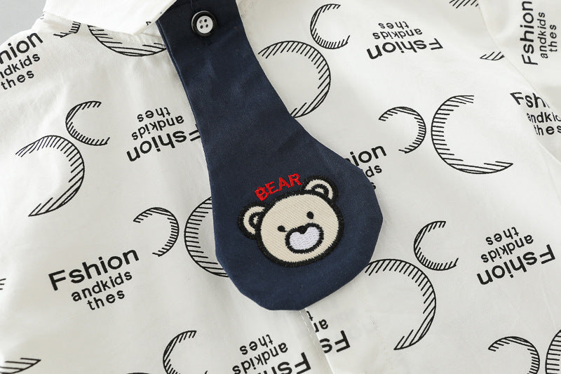 [345382] - Setelan Kemeja Celana Pendek Denim Import Anak Laki-Laki - Motif Little Bear