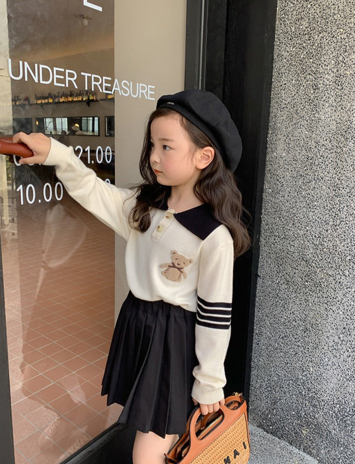 [507729] - Setelan Sweater Polo Kerah Bordir + Rok Anak Perempuan - Motif Bordir Bear