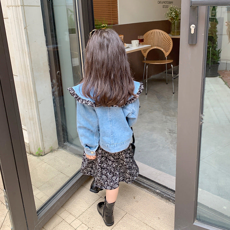 [363551] - Setelan Mini Dress Jaket Jeans Anak Perempuan - Motif Abstract Flowers