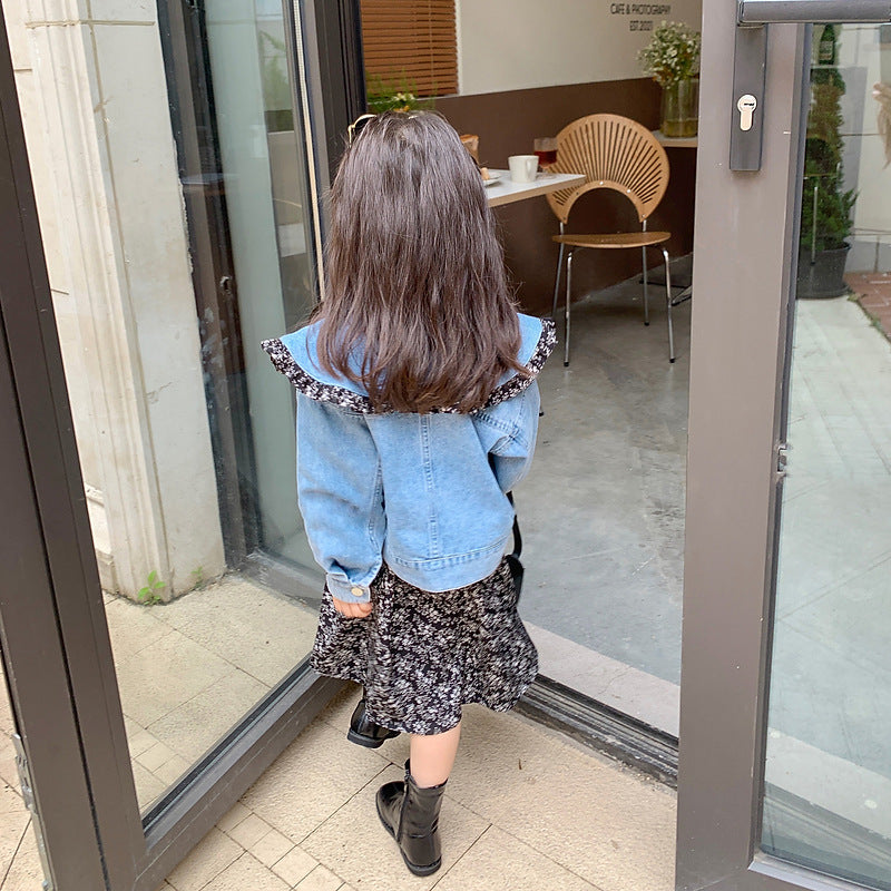 [363551] - Setelan Mini Dress Jaket Jeans Import Anak Perempuan - Motif Abstract Flowers