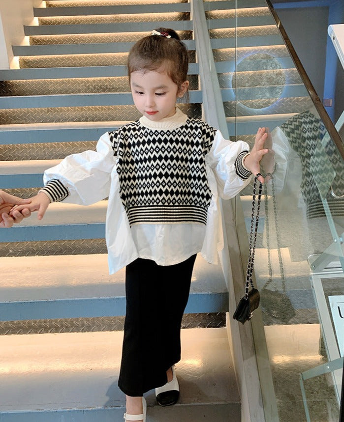 [363557] - Oneset Anak Cewek Korea Elegan Look Setelan Blouse Rajut Balon Sweater Celana Panjang Cutbray Anak Perempuan - Motif Diamond Line