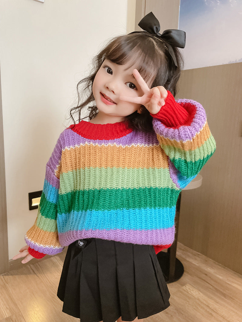 [507730] - Atasan Sweater Rajut Oversize Anak Perempuan - Motif Knitting Rainbow