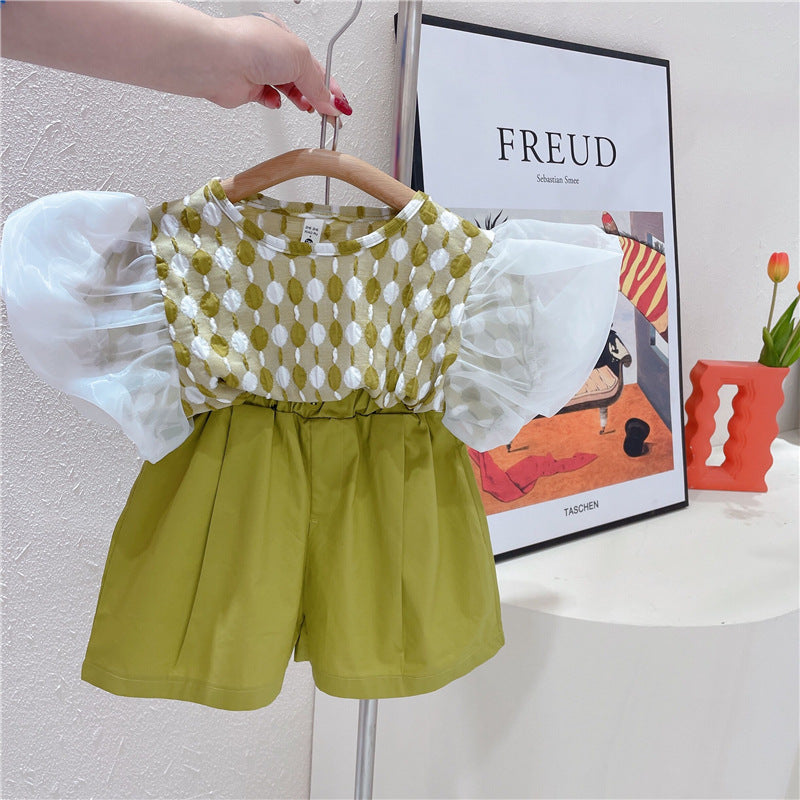 BABYHOKI STORE Usia 7 8 9 10 Tahun Baju Anak Tanggung Cewek [363538] - Setelan Blouse Rajut Lengan Balon Celana Pendek Anak Perempuan - Motif Neat Knit