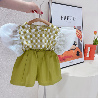 [363538] - Setelan Blouse Rajut Lengan Balon Celana Pendek Anak Perempuan - Motif Neat Knit