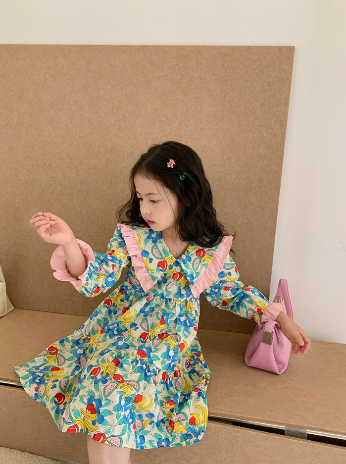 [507691] - Dress Kerah Lengan Panjang Anak Perempuan - Motif Fruit Flowers