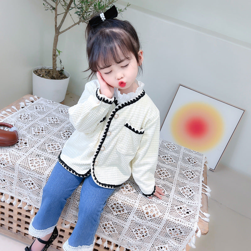 [340220] - Setelan 3 in 1 Jaket Cardigan Celana Panjang Jeans Anak Cewek - Motif Zigzag side