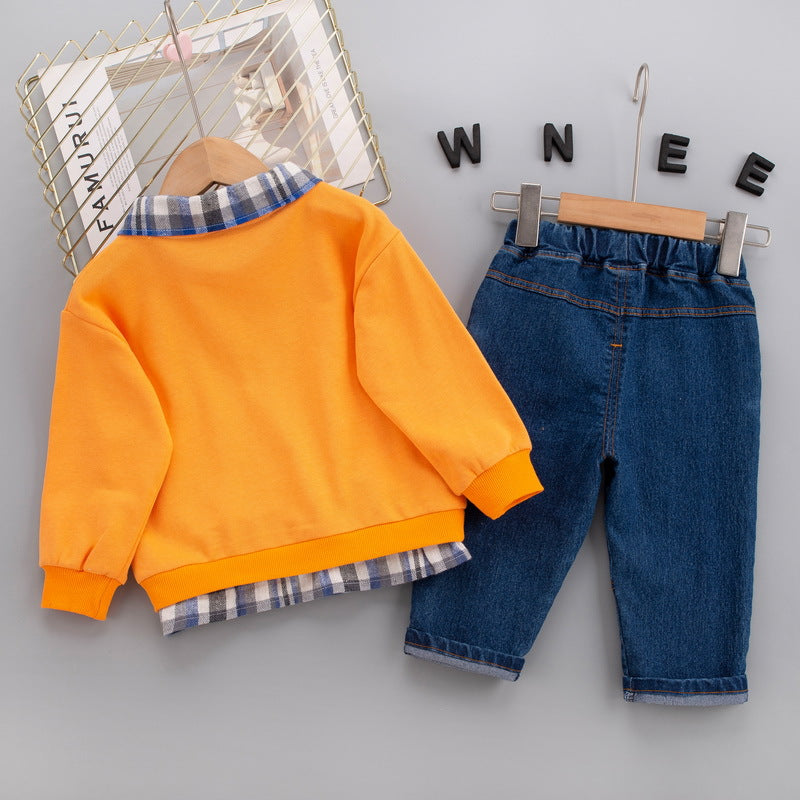 [345326] - Setelan Sweater Kerah Celana Panjang Jeans Anak Laki-Laki - Motif Animal Alphabet
