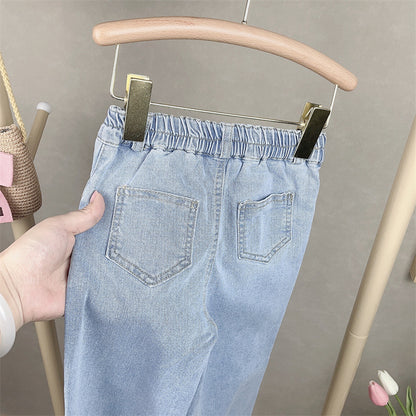 [363580] - Setelan Blouse Bordir Celana Jeans Kulot Rawis Import Anak Perempuan - Motif Knitted Lace