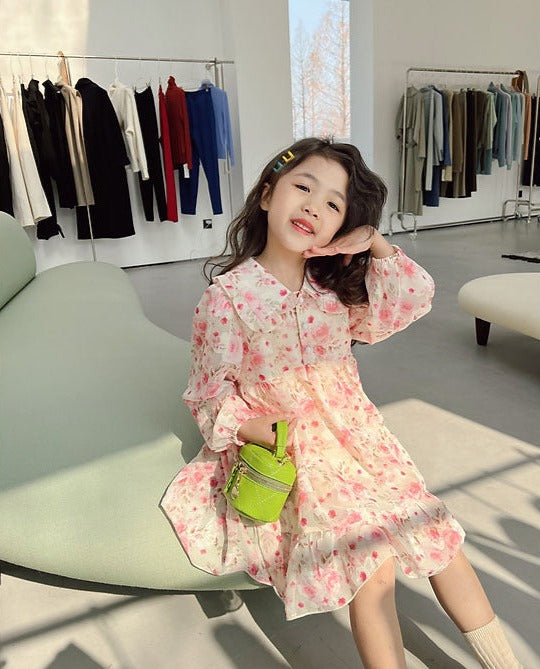 [507676] - Long Dress Lengan Panjang Anak Perempuan - Motif Faint Flower