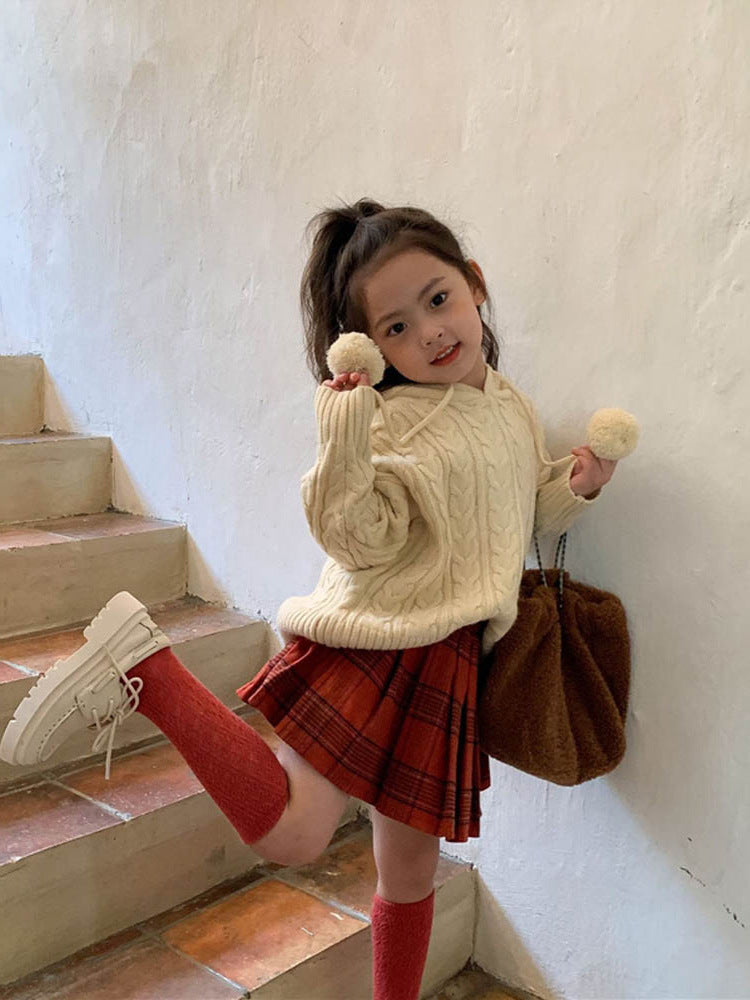 [507672] - Atasan Sweater Rajut Hoodie Anak Perempuan - Motif Big Pom Poms