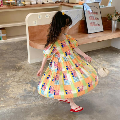 [507694] - Dress Lengan Balon Import Anak Perempuan - Motif Abstract Box