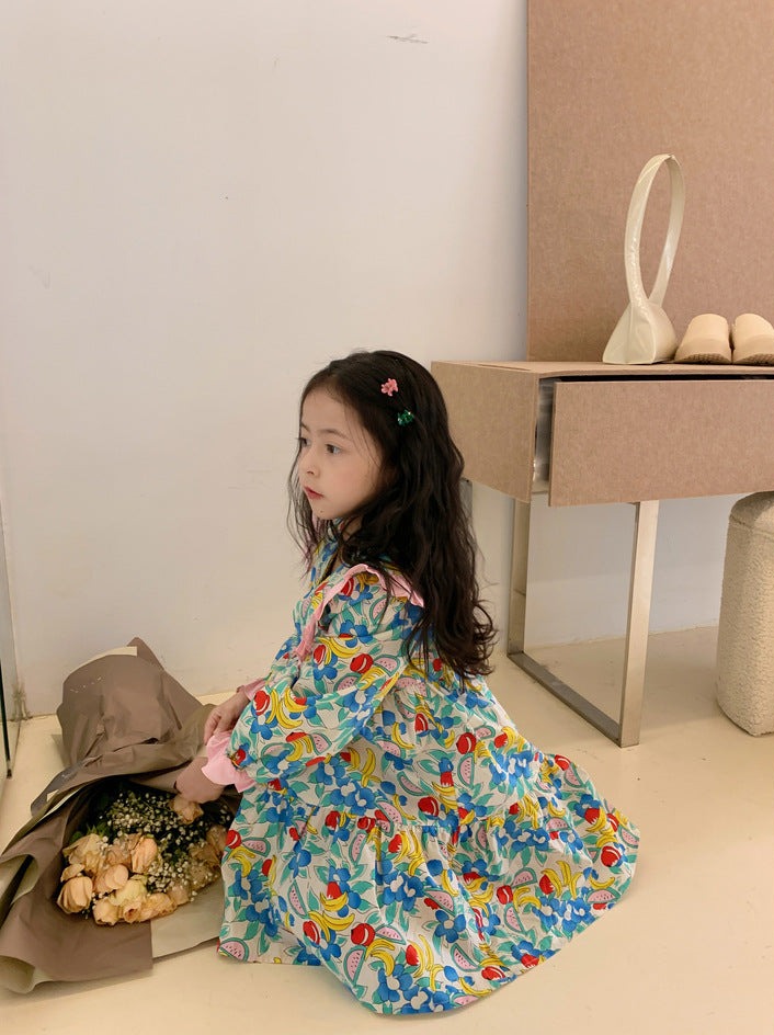 [507691] - Dress Kerah Lengan Panjang Anak Perempuan - Motif Fruit Flowers