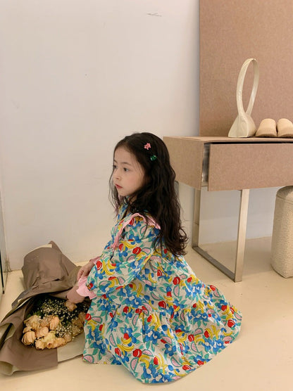 [507691] - Dress Kerah Lengan Panjang Anak Perempuan - Motif Fruit Flowers