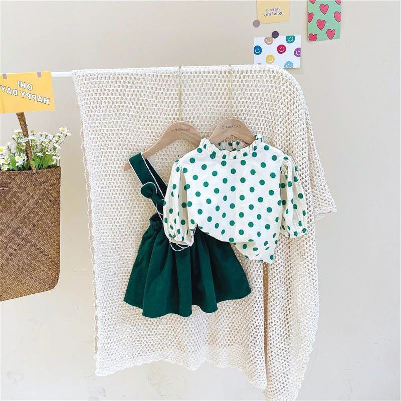 [507683] - Setelan Blouse Polkadot Overall Kodok Anak Perempuan - Motif Tie Rope