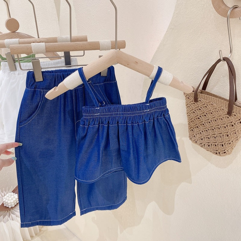 [363571] - Setelan Blouse Denim Celana Denim Kulot Anak Perempuan - Motif Wavy Plain