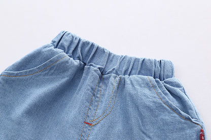 [345385] - Setelan Kemeja Celana Pendek Jeans Import Anak Laki-Laki - Motif Big Wheel