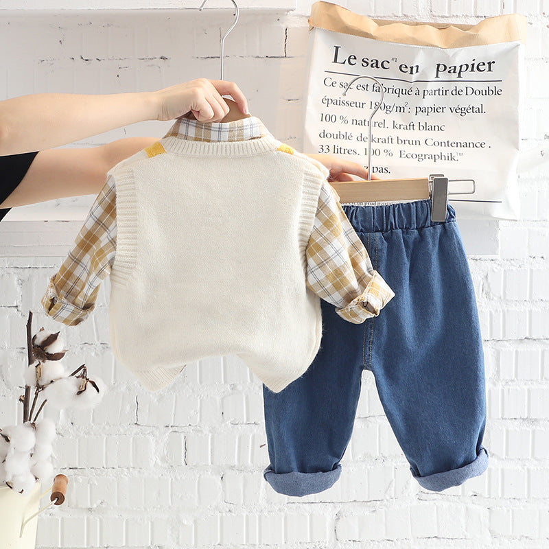 [340219] - Setelan 3 in 1 Kemeja Rompi Rajut Celana Panjang Jeans Anak Cowok - Motif Braid Geometry