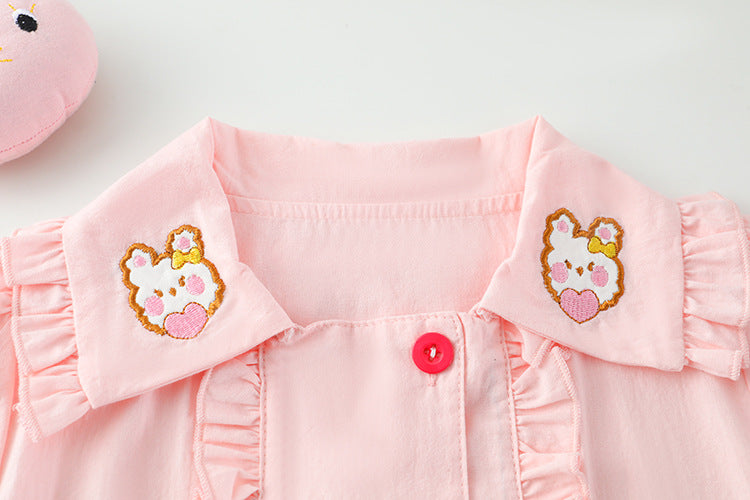 [340251] - Setelan Blouse Kancing Bordir Celana Pendek Anak Perempuan - Motif Fluffy Rabbit