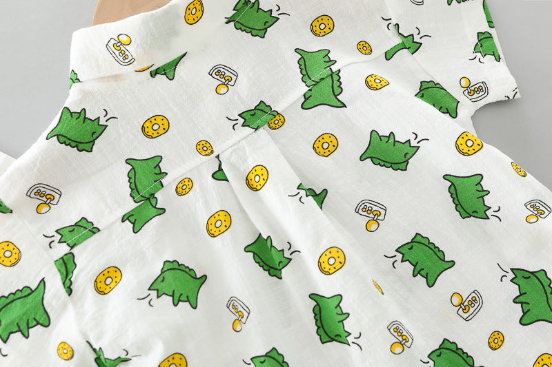 [345380] - Setelan Kemeja Celana Pendek Denim Anak Laki-Laki - Motif Dino Donuts