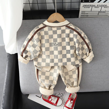 [345340] - Setelan Sweater Polo Kerah Kotak-Kotak Celana Jogger Anak Laki-Laki - Motif Strip Square