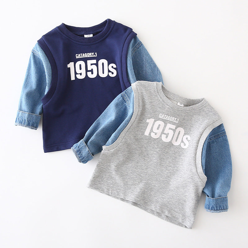 [119292] - Atasan Sweater Keren Anak - Motif Denim Sleeve