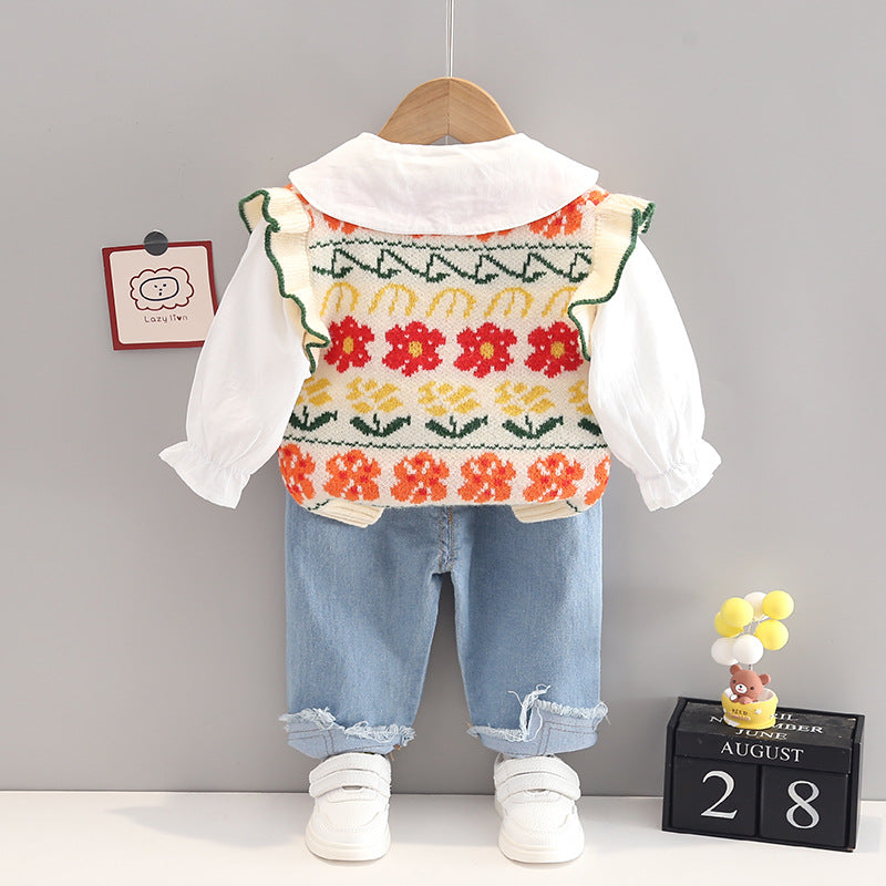 [352314] - Setelan 3 in 1 Blouse Rompi Celana Jeans Import Anak Perempuan - Motif Knitted Flowers