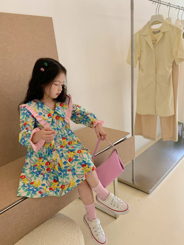 [507691] - Dress Kerah Lengan Panjang Anak Perempuan - Motif Fruit Flowers