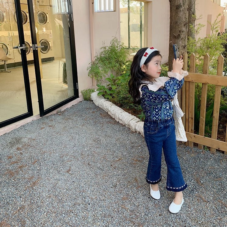 [363563] - Setelan Blouse Celana Jeans Cutbray Anak Perempuan - Motif Vertical Pattern