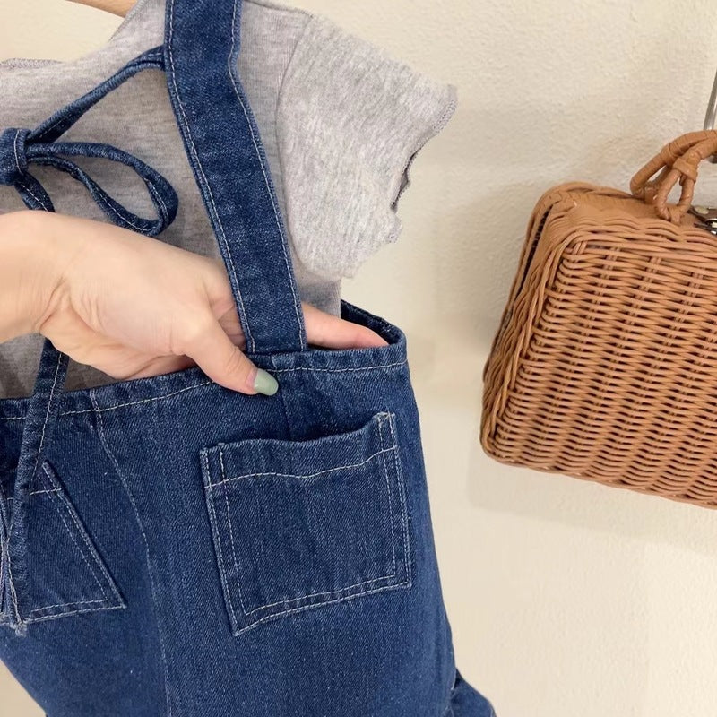 [363528] - Setelan Kaos Mix Overall Kodok Jeans Anak Perempuan - Motif Plain Casual