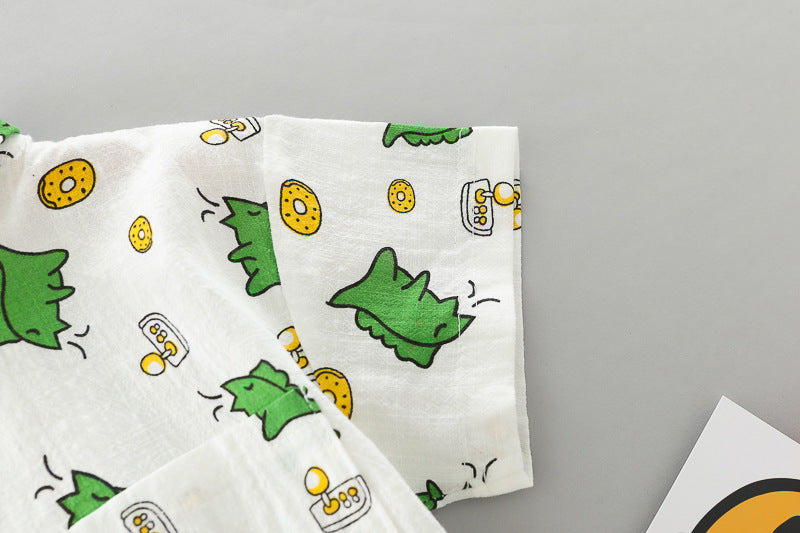 [345380] - Setelan Kemeja Celana Pendek Denim Anak Laki-Laki - Motif Dino Donuts