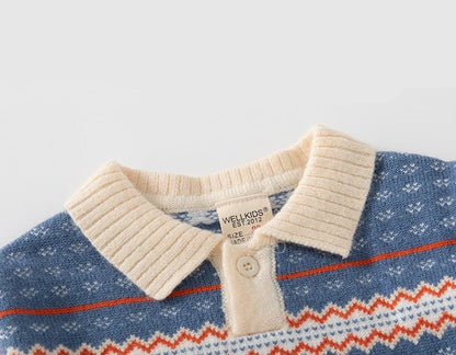 [513664] - Atasan Sweater Rajut Polo Kerah Import Anak Laki-Laki - Motif Neat Abstract