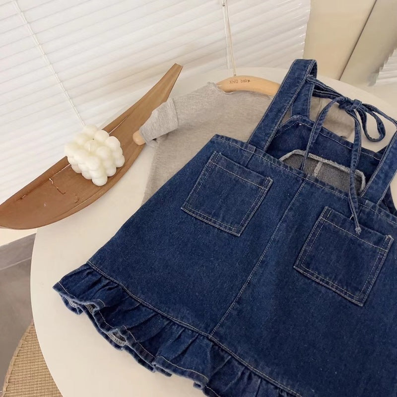 [363528] - Setelan Kaos Mix Overall Kodok Jeans Anak Perempuan - Motif Plain Casual