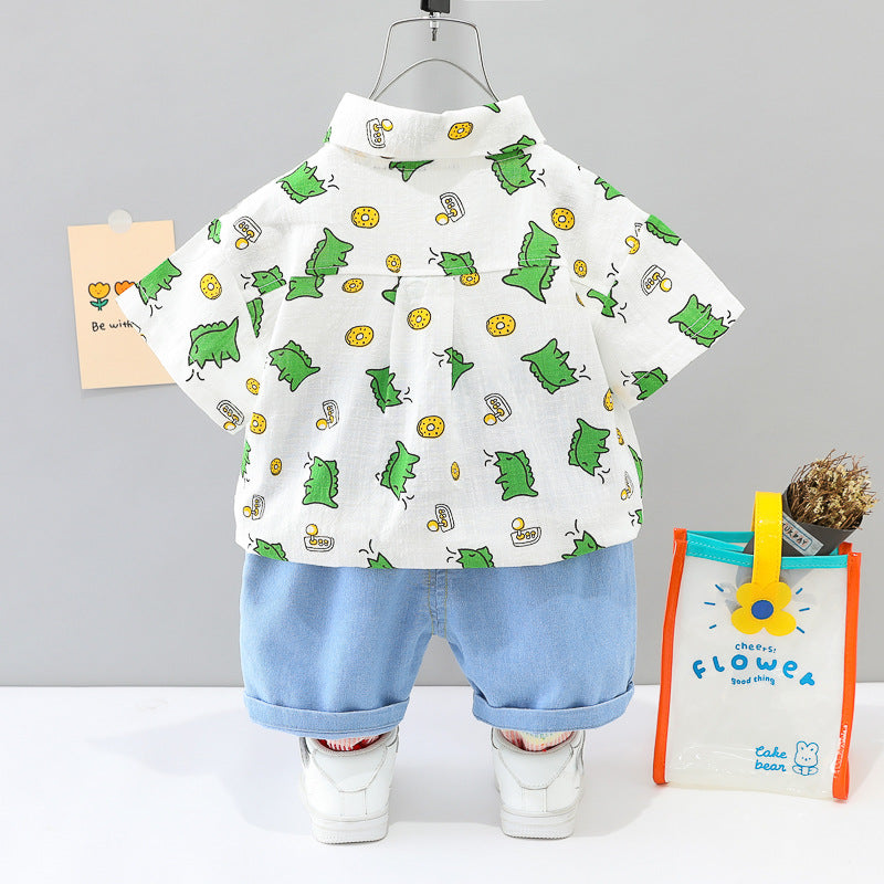 [345380] - Setelan Kemeja Celana Pendek Denim Anak Laki-Laki - Motif Dino Donuts