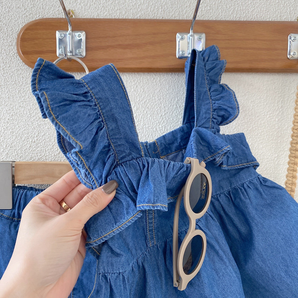 [363570] - Setelan Blouse Kutung Denim Celana Kulot Import Anak Perempuan - Motif Plain Lace