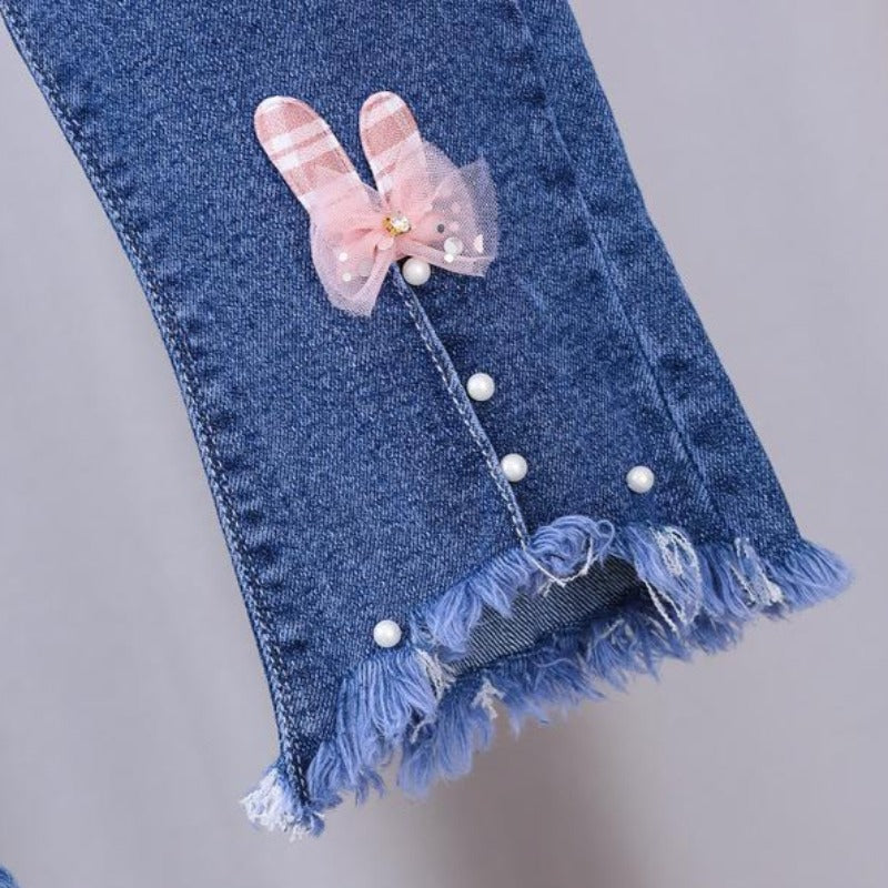 [102370] - Bawahan Jeans / Celana Panjang Anak Import - Motif Rabbit Accent 3D