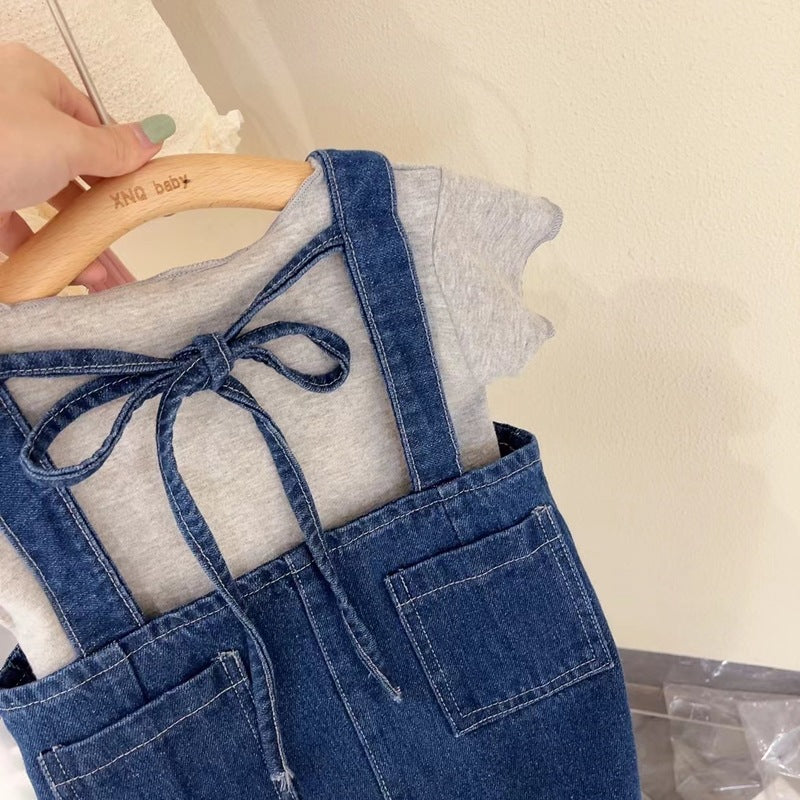[363528] - Setelan Kaos Mix Overall Kodok Jeans Anak Perempuan - Motif Plain Casual