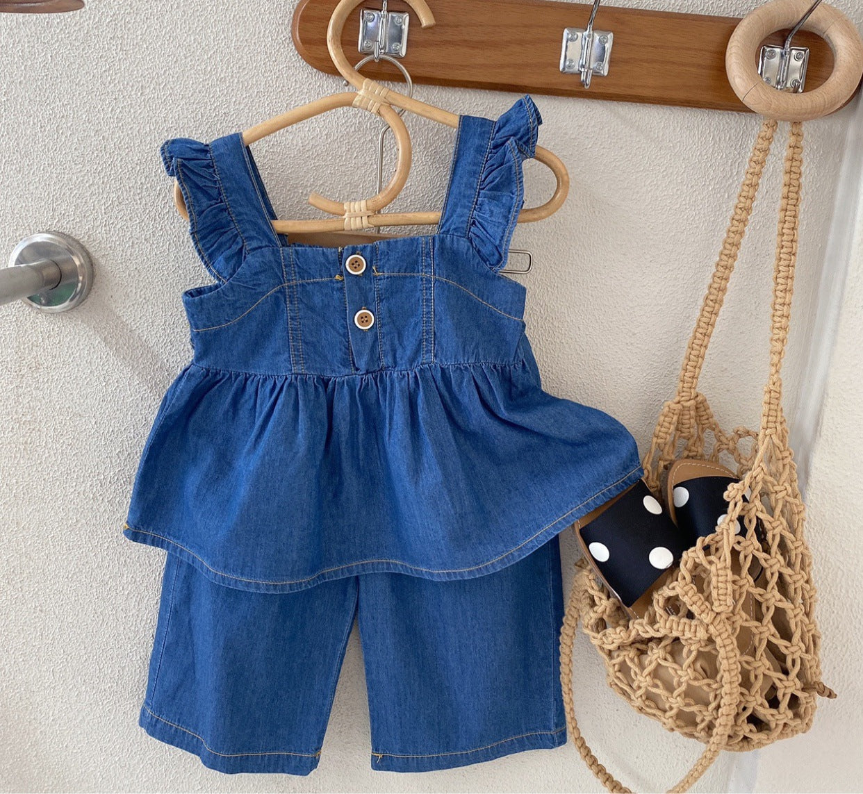 [363570] - Setelan Blouse Kutung Denim Celana Kulot Anak Perempuan - Motif Plain Lace