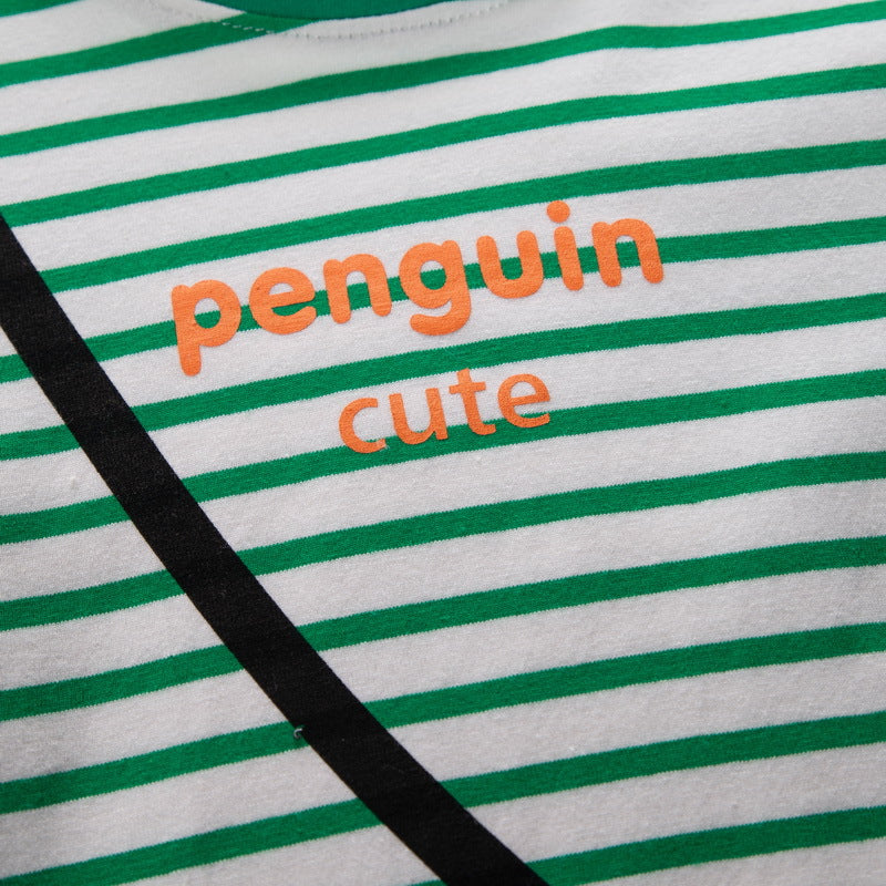 [345368] - Setelan Kaos Garis-Garis Celana Pendek Jeans Anak Laki-Laki - Motif Animal Cute