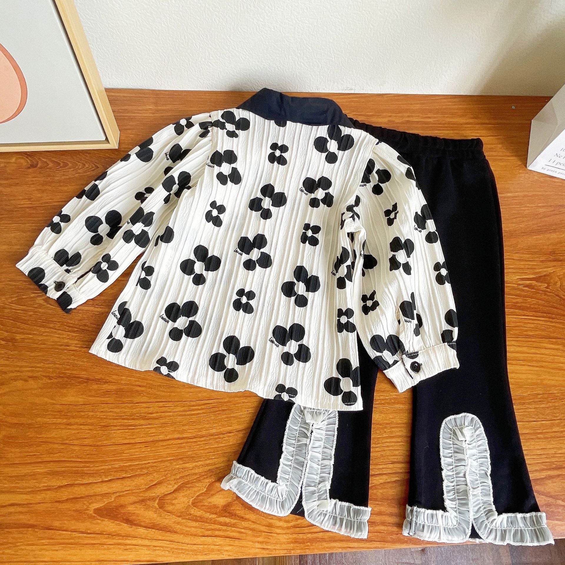 [363592] - Oneset Korea Anak Cewek Setelan Polo Blouse Celana Panjang Cutbray Anak Perempuan - Motif Flower Petals