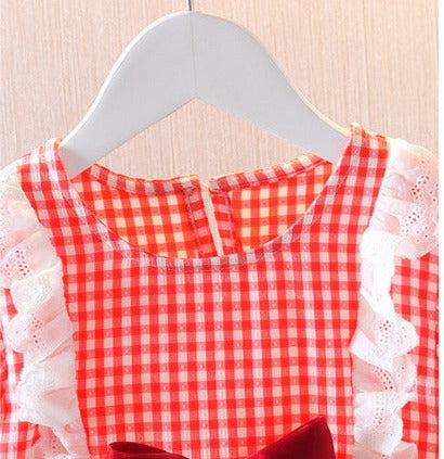 [352333] - Setelan Mini Jumpsuit Kotak-Kotak Anak Perempuan - Motif Lace Plaid