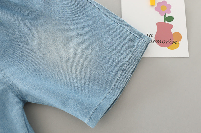 [345382] - Setelan Kemeja Celana Pendek Denim Anak Laki-Laki - Motif Little Bear