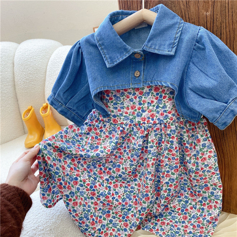 [363533] - Setelan Dress Jaket Jeans Crop Kerah Anak Perempuan - Motif Beautiful Flower