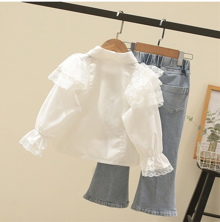 [363605] - Setelan Blouse Celana Panjang Jeans Cutbray Import Anak Perempuan - Motif Shoulder Lace